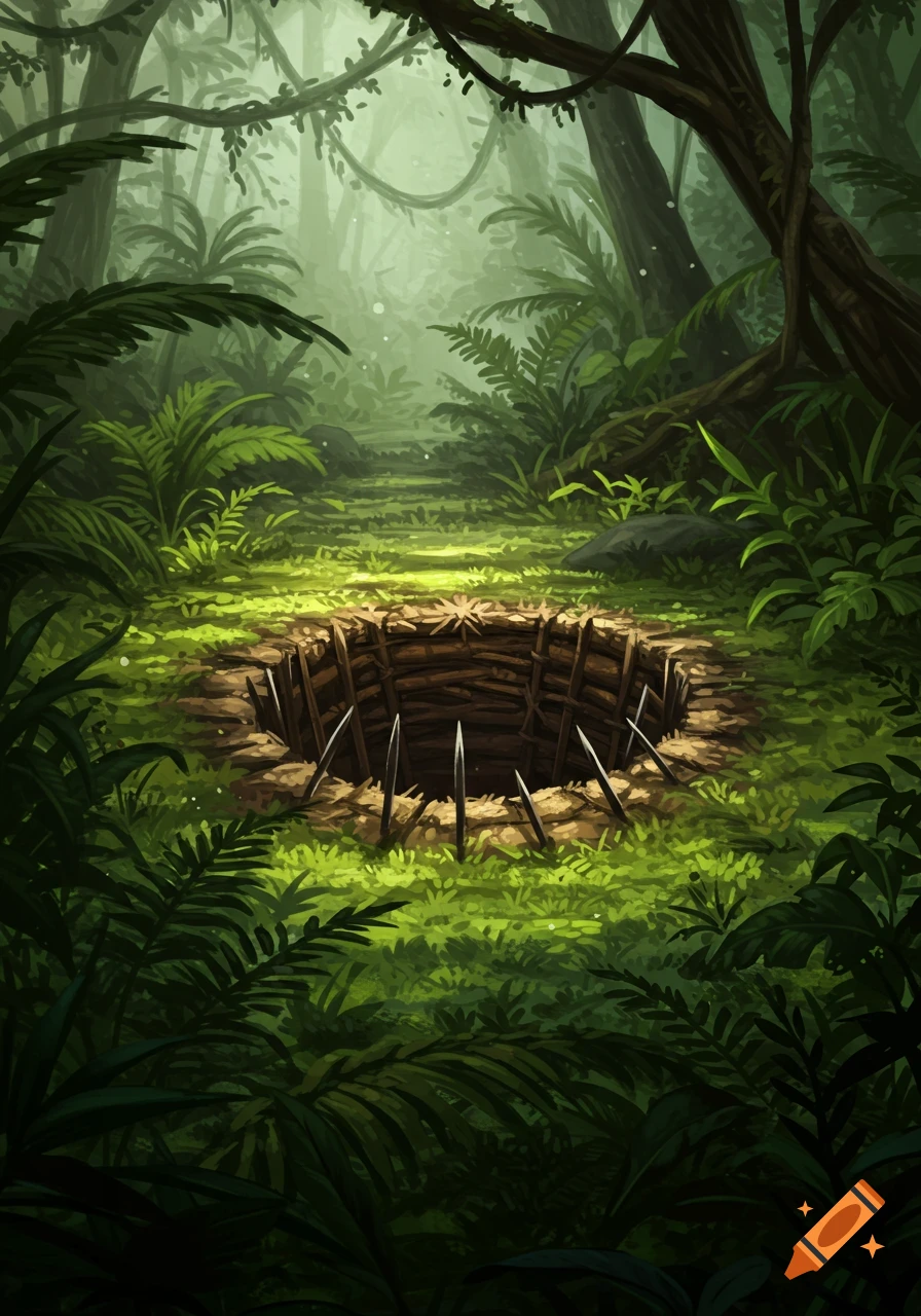 An illustration of a pitfall trap with sharp stakes in a lush, green jungle.