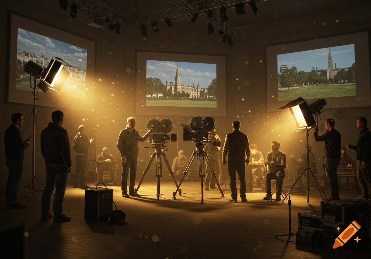 Photorealistic film production set with crew, vintage cameras, bright studio lights, and screens projecting historic building images.