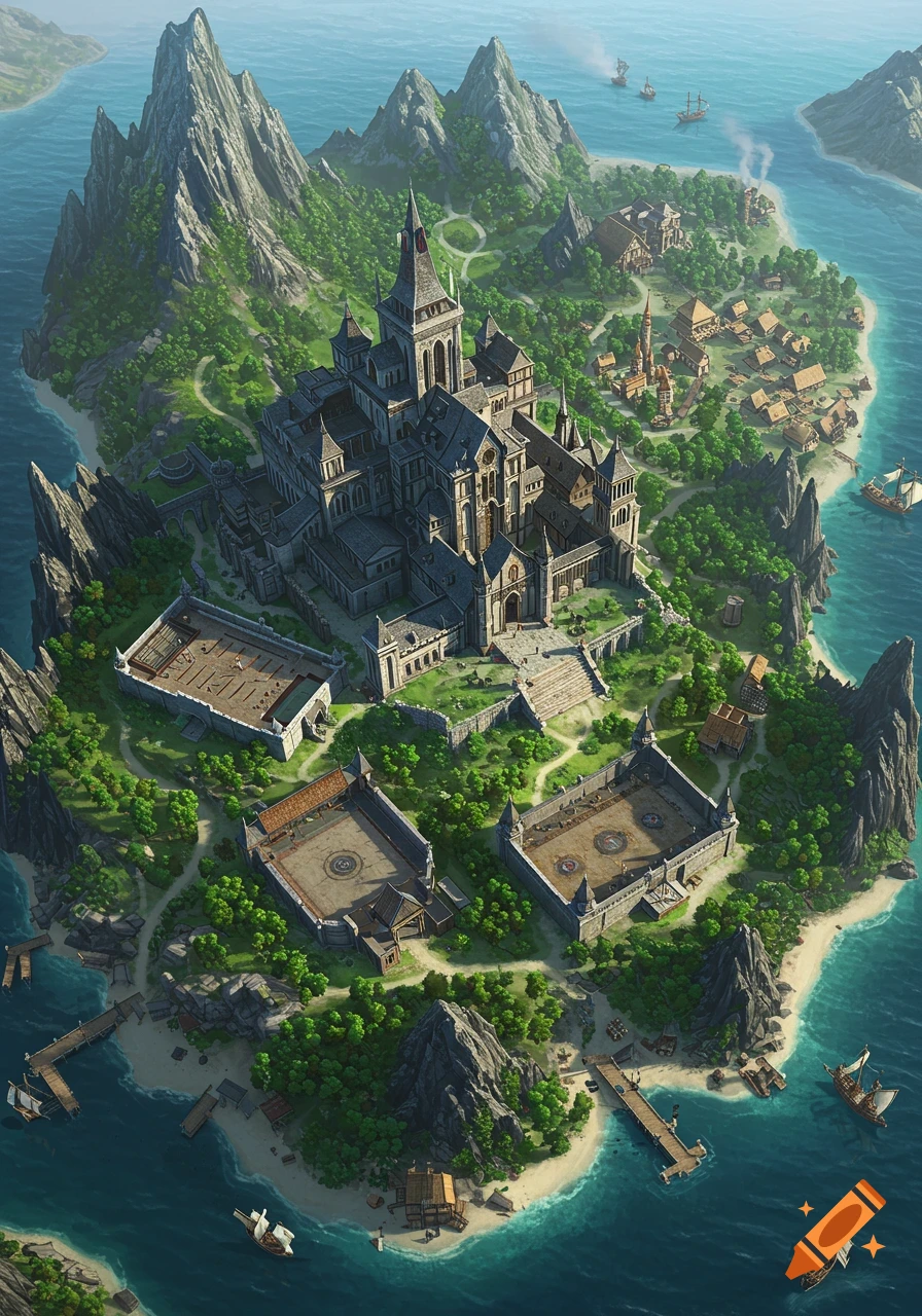 Birds-eye view of a fantasy island with a large medieval castle, training arenas, a village, and ships docked, surrounded by jagged mountains.