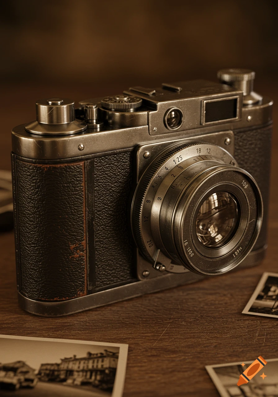 A photorealistic, sepia-toned image of an antique camera resting on a wooden table with old photographs.
