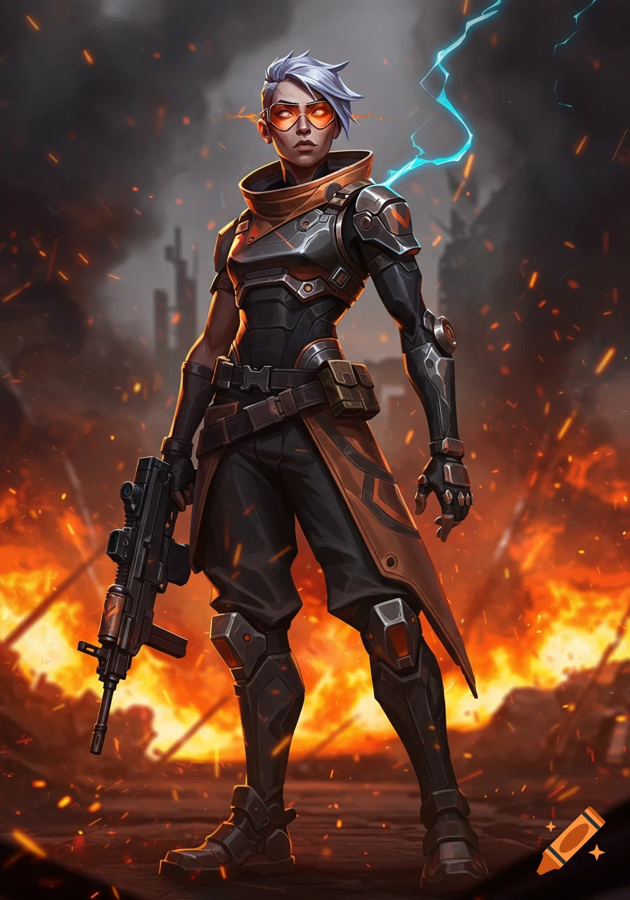 A futuristic female character with white hair and orange goggles, wearing black and orange armor, holding a rifle, standing amidst a fiery, destroyed cityscape with lightning in the sky.