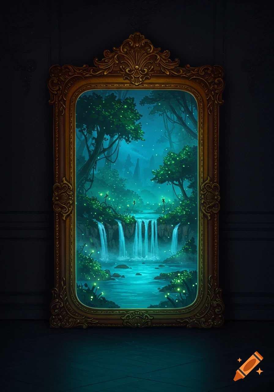 An ornate golden mirror reflects a vibrant fantasy forest with glowing plants, waterfalls, and a teal river.