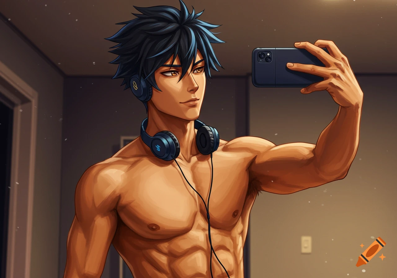 An anime boy with spiky black hair and amber eyes takes a shirtless selfie, showing off his muscular physique while wearing headphones.
