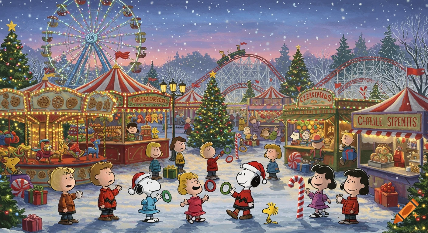 A snowy Peanuts-themed Christmas carnival with Snoopy, Charlie Brown, Lucy, and friends. They are walking amidst decorated stalls, a Ferris wheel, and a roller coaster.