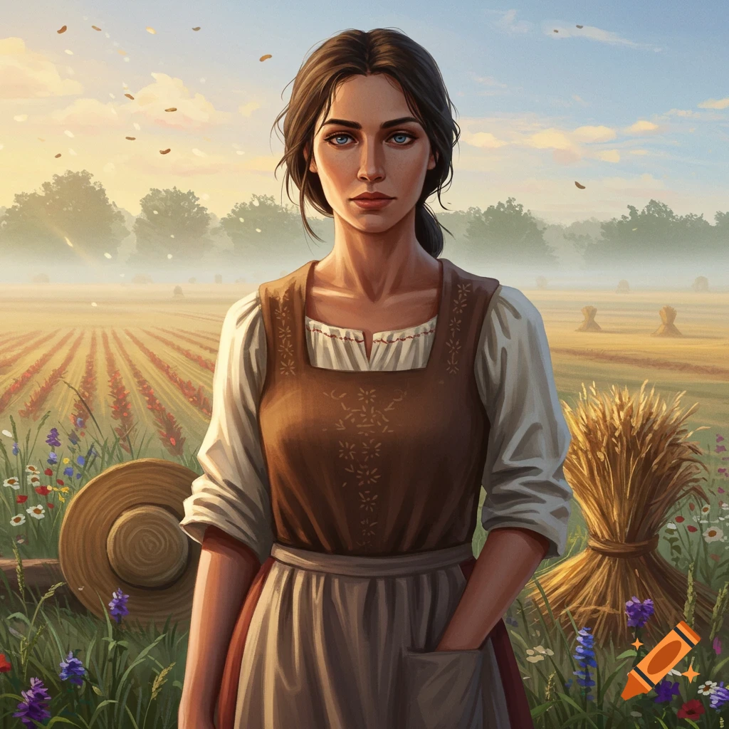 A young peasant woman with dark hair and blue eyes stands in a sunlit rural field, wearing a brown and white dress. A straw hat and hay bales are nearby.