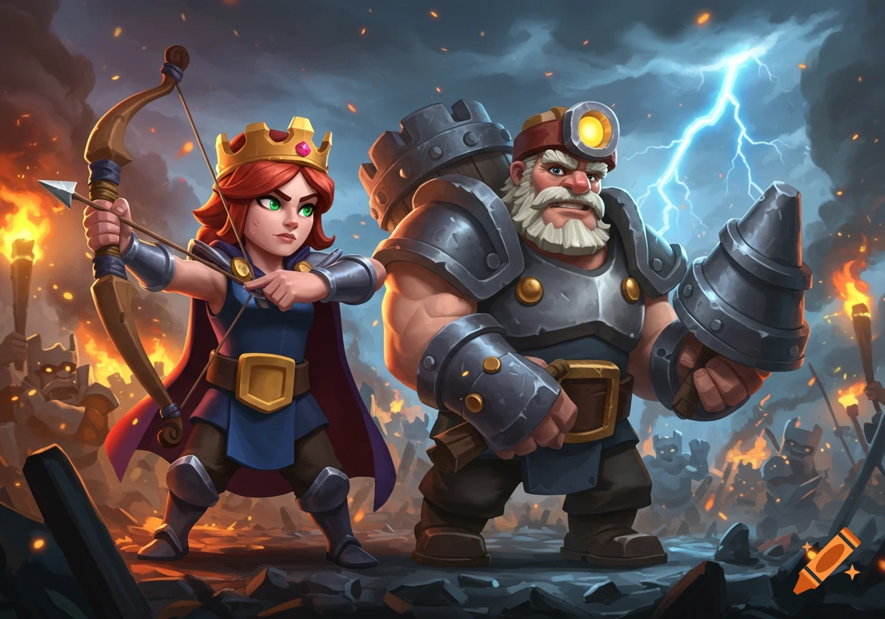 Archer Queen and Mighty Miner from Clash Royale stand in a battle scene with fire and lightning.