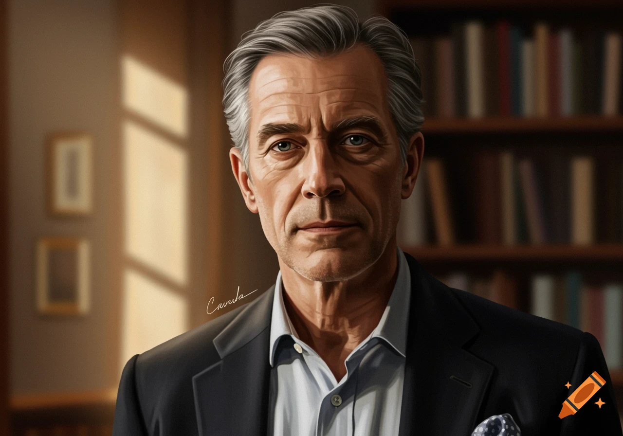 A digital painting of a serious middle-aged man with gray hair in a suit, looking forward, with bookshelves in the background.
