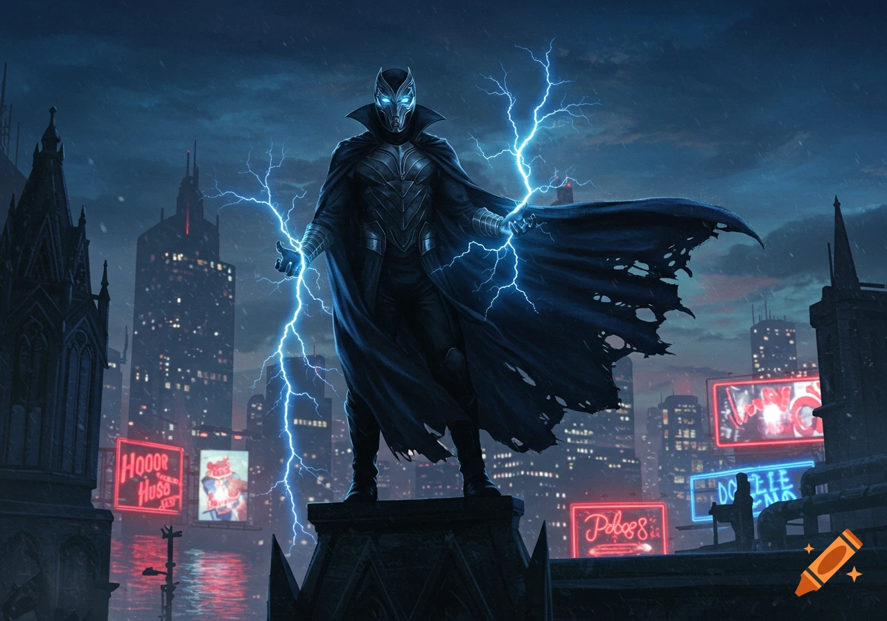 A dark figure in a mask and cape, glowing with blue lightning, stands atop a building in a dark, rainy cityscape with neon signs.