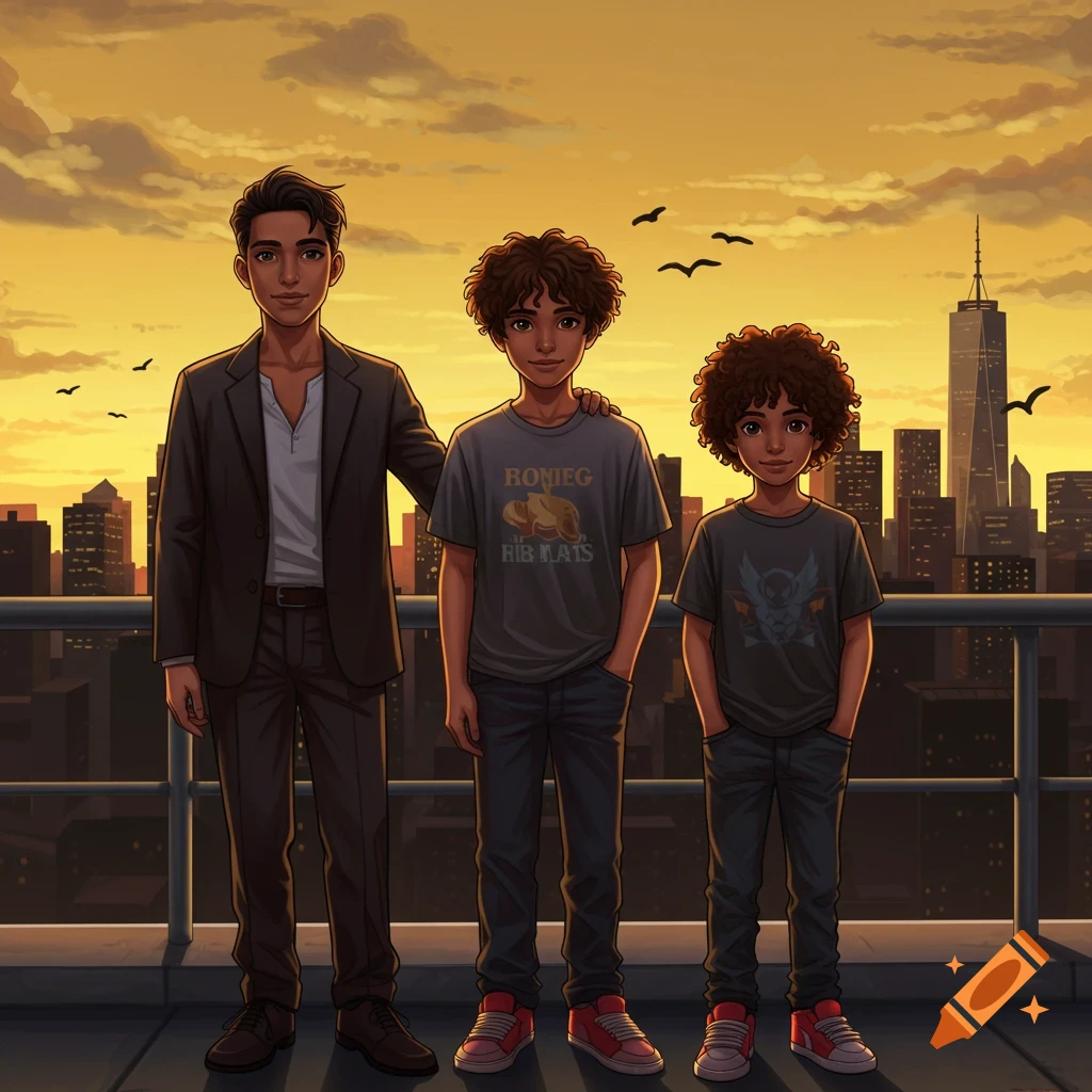 An illustration of three brothers, an adult and two children, standing on a rooftop with a city skyline at sunset.