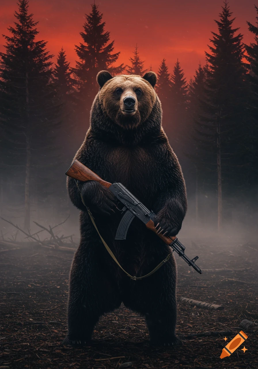 A photorealistic brown bear stands upright in a dark forest, holding an AK-47 rifle. Red sky at sunset.