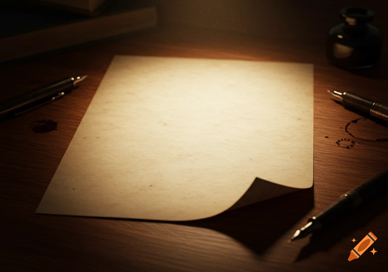 A blank aged paper on a wooden desk with fountain pens, an inkwell, and books, illuminated by a warm overhead light.