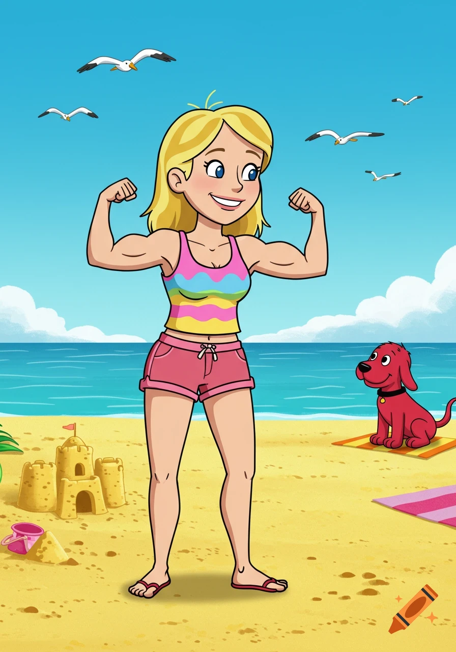A cartoon woman with blonde hair flexes her biceps at the beach while a red dog sits nearby, with a sandcastle and seagulls.