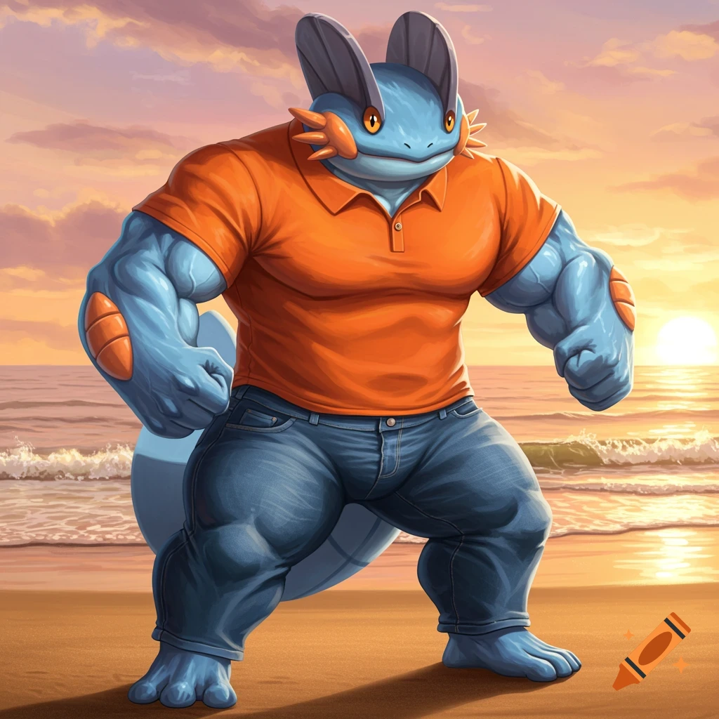 A muscular Swampert in an orange polo shirt and jeans stands on a beach at sunset, digital art.