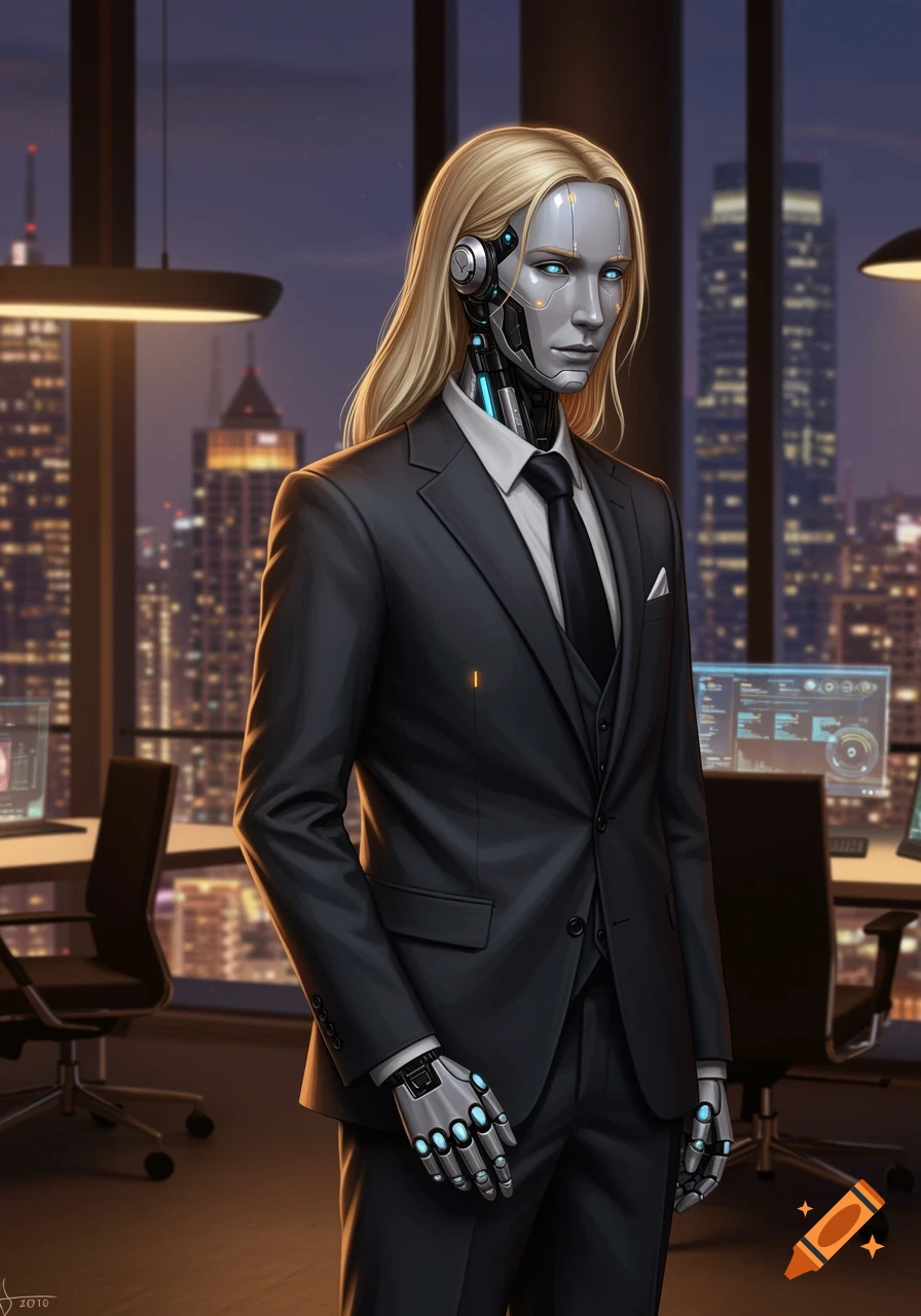 A blonde, human-like robot in a dark suit stands in an office with a city skyline visible through large windows.