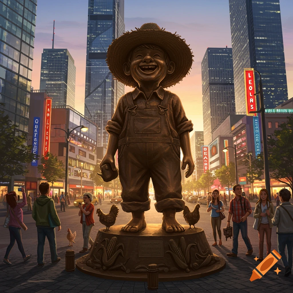 A bronze statue of a joyful boy in a straw hat and overalls stands in a bustling city square at sunset, surrounded by people and chickens.