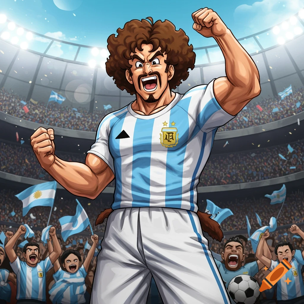 Anime man resembling Hercule Satan in an Argentina soccer jersey celebrates in a stadium with cheering fans.