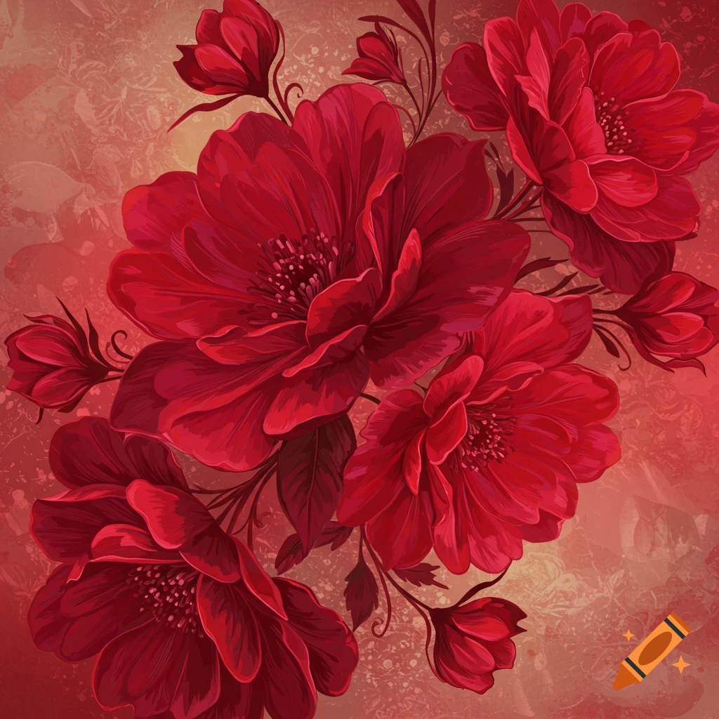 A vibrant red floral pattern with detailed petals and leaves on a textured background.