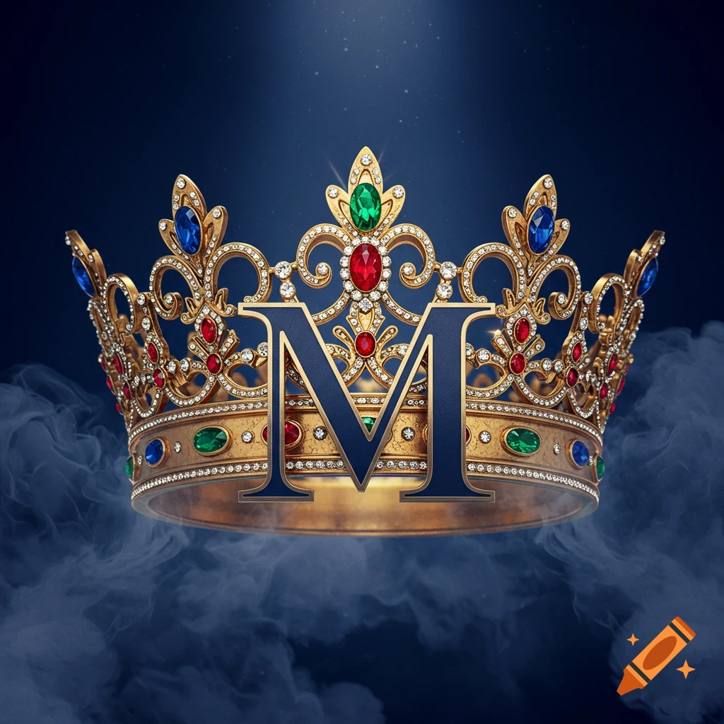 A detailed golden crown adorned with colorful jewels and a large letter M in the center, set against a dark blue background with smoke.