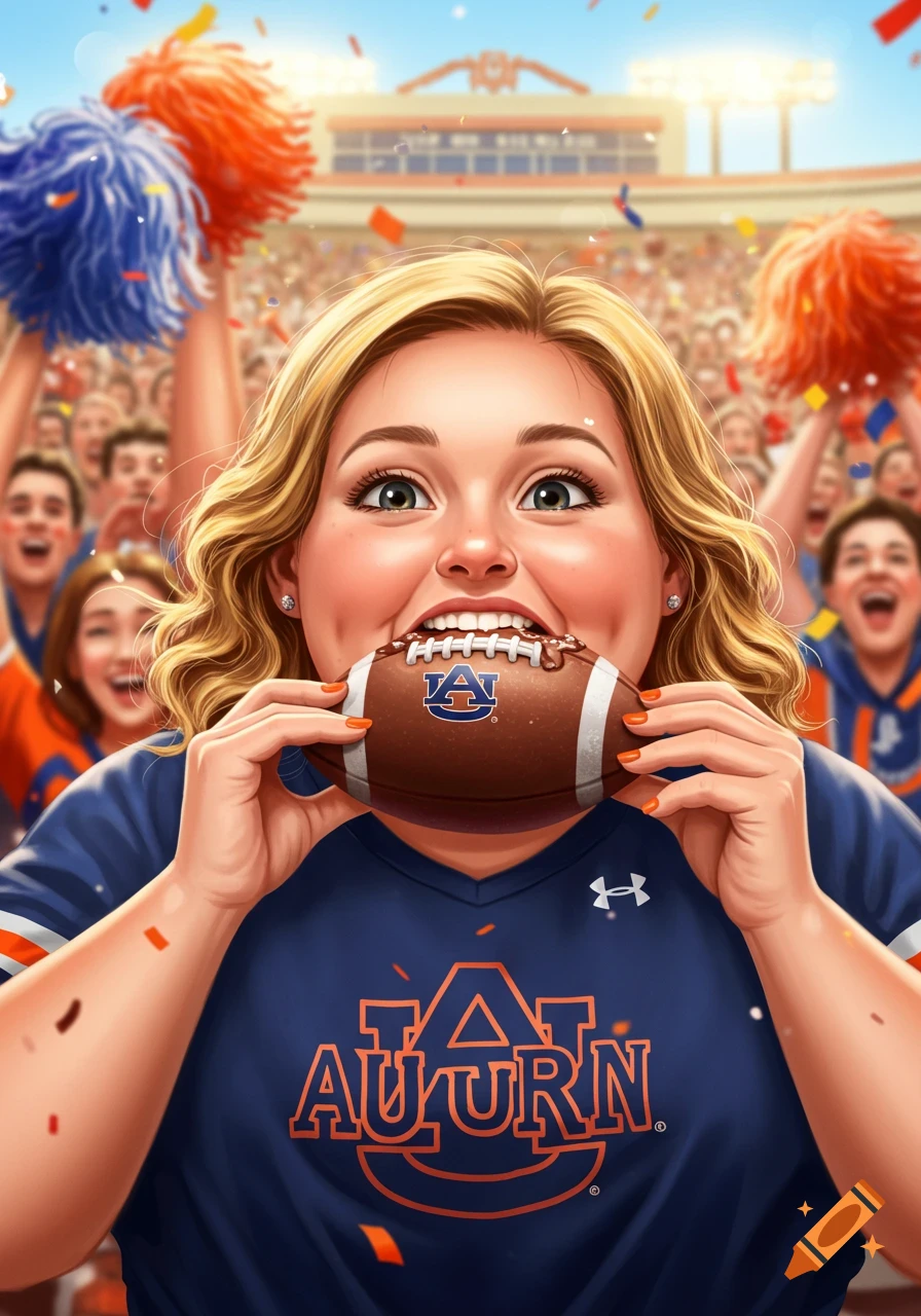 Stylized illustration of an excited Auburn football fan biting a football in a stadium crowd.