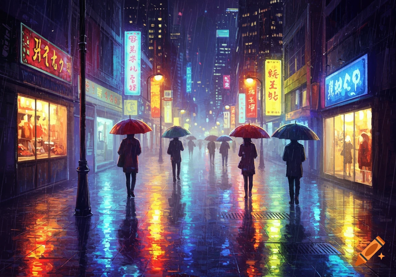 Painterly scene of people walking with umbrellas on a rainy city street at night, illuminated by colorful neon signs.