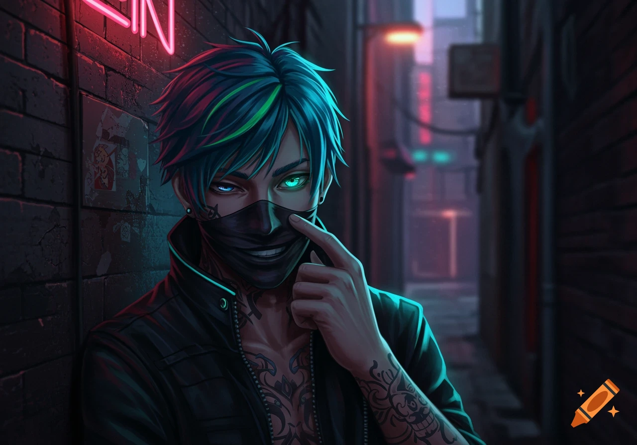 Anime man with blue and green hair, glowing eyes, and tattoos, pulling down a black face mask in a neon-lit alley.