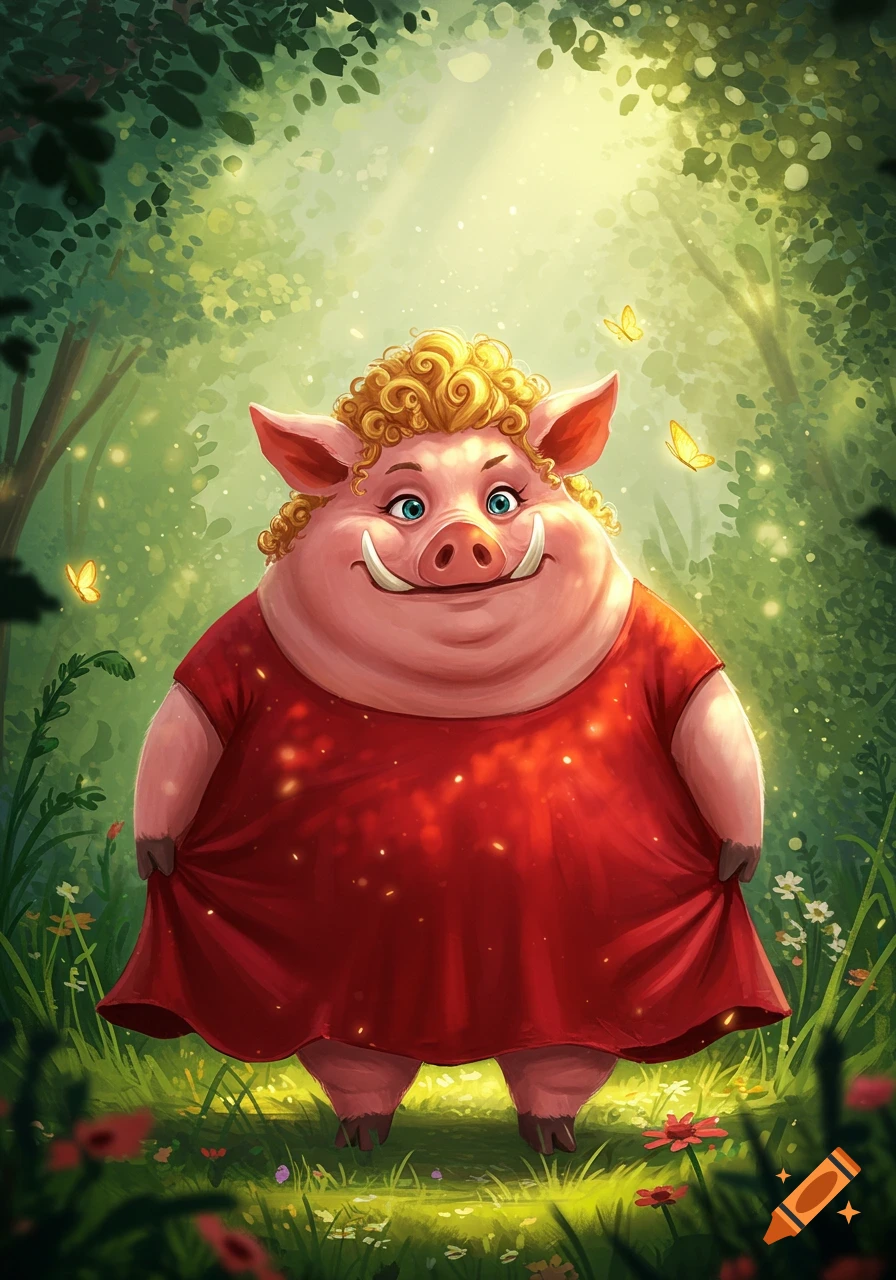 A whimsical cartoon pig with curly blonde hair and tusks, wearing a red dress, stands in a magical forest.