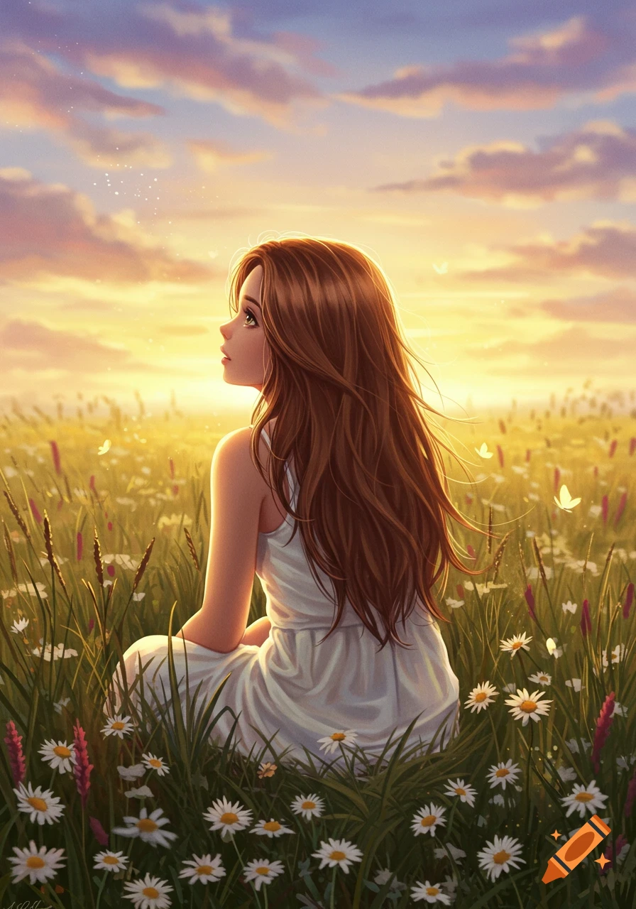 Digital painting of a brown-haired girl in a white dress sitting in a field of daisies at sunset.