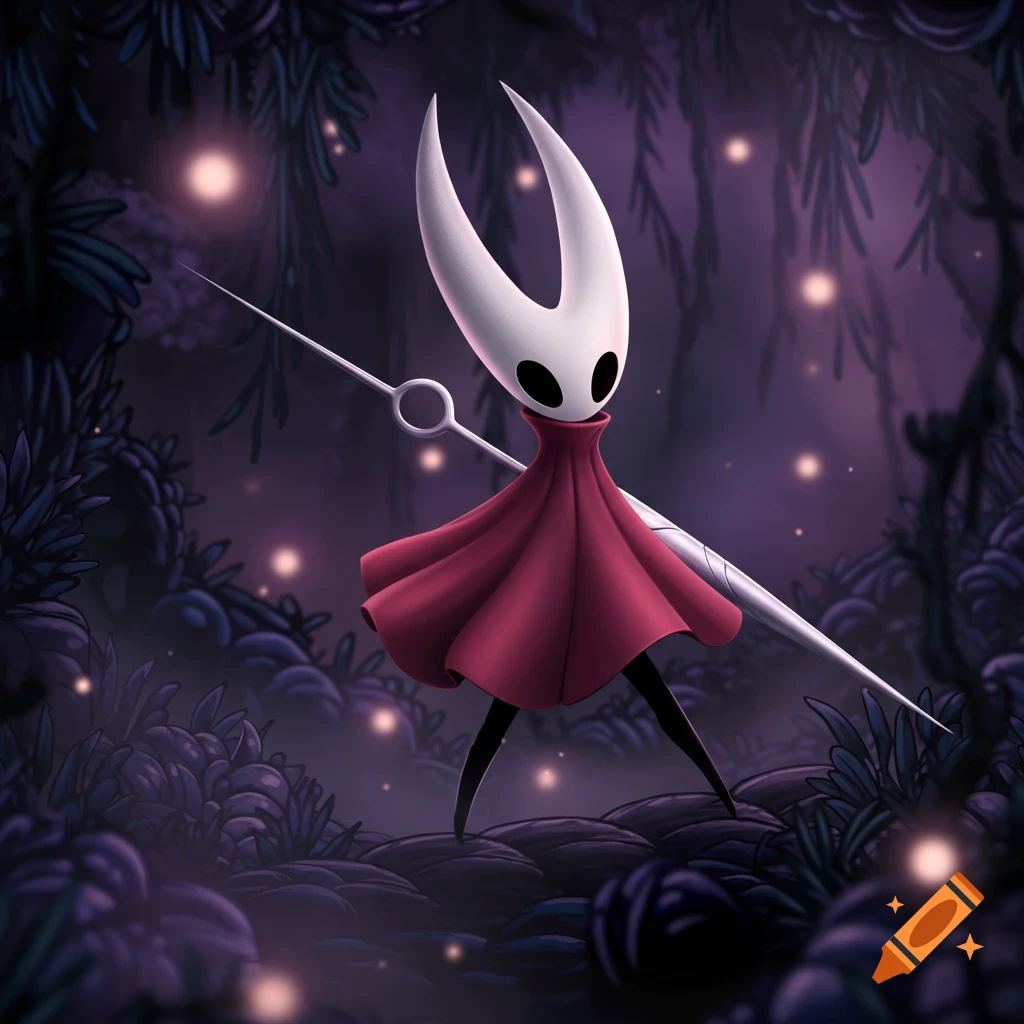 Hornet from Hollow Knight, a stylized bug-like character in a red cloak holding a needle, stands in a glowing, dark forest.
