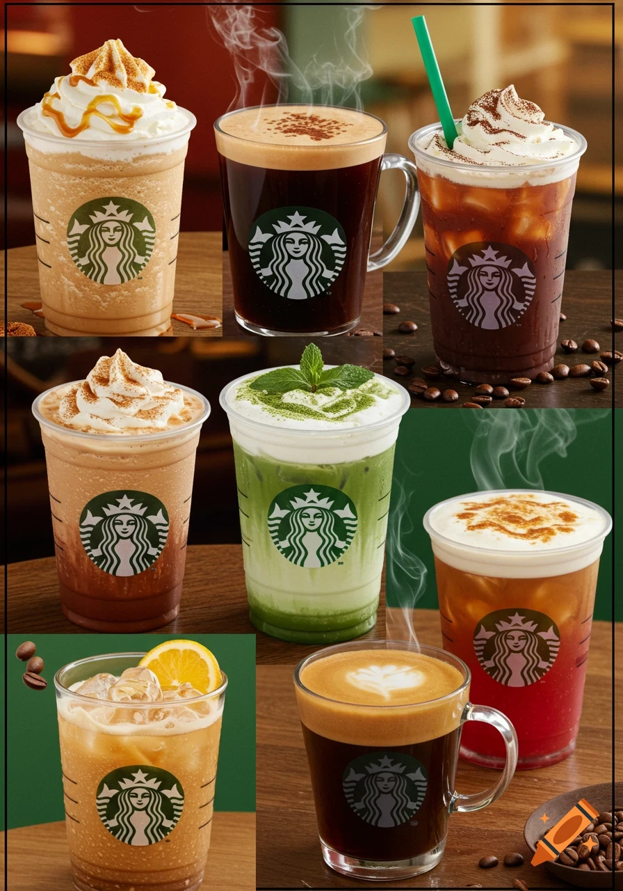 A collage of various Starbucks coffee and tea beverages, including hot, iced, and blended drinks with whipped cream, foam, and garnishes.