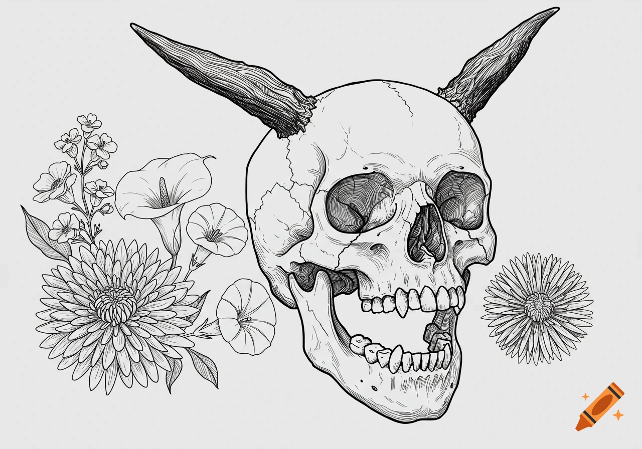 Black and white fineline illustration of a skull with horns and an open mouth, surrounded by various flowers.