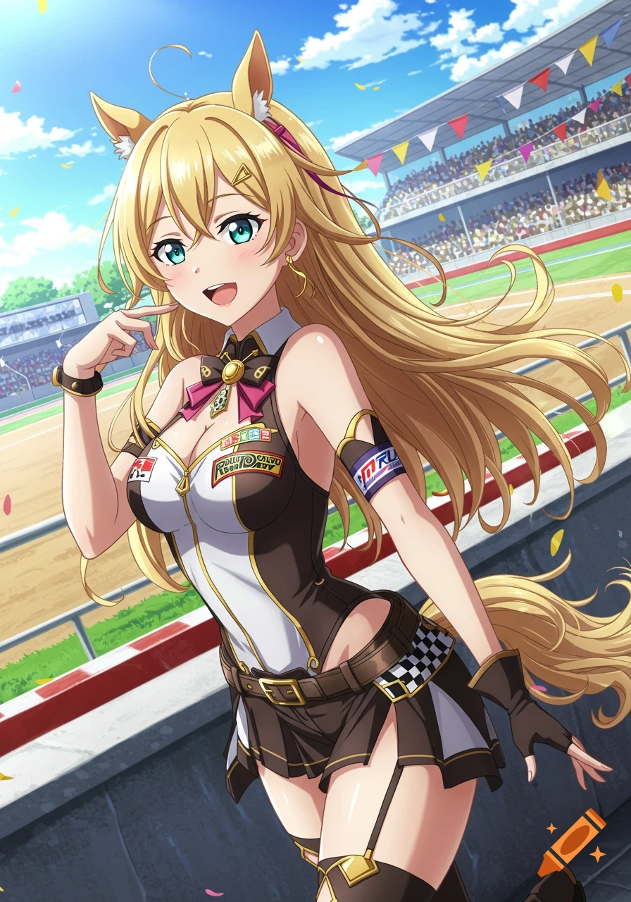 An anime woman with blonde hair and horse ears in a racing outfit smiles at a racetrack.