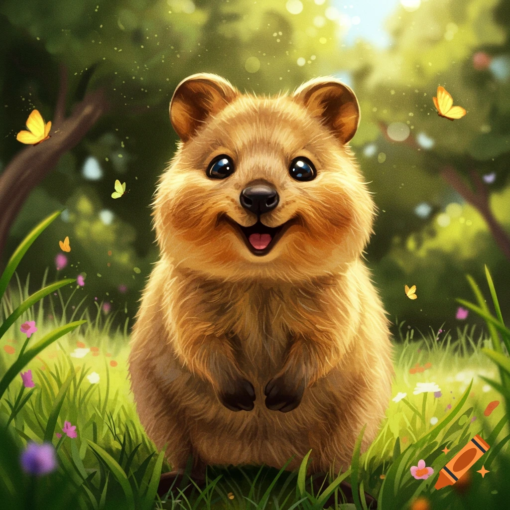 A cute, smiling quokka sits in a vibrant green meadow with flowers and butterflies.