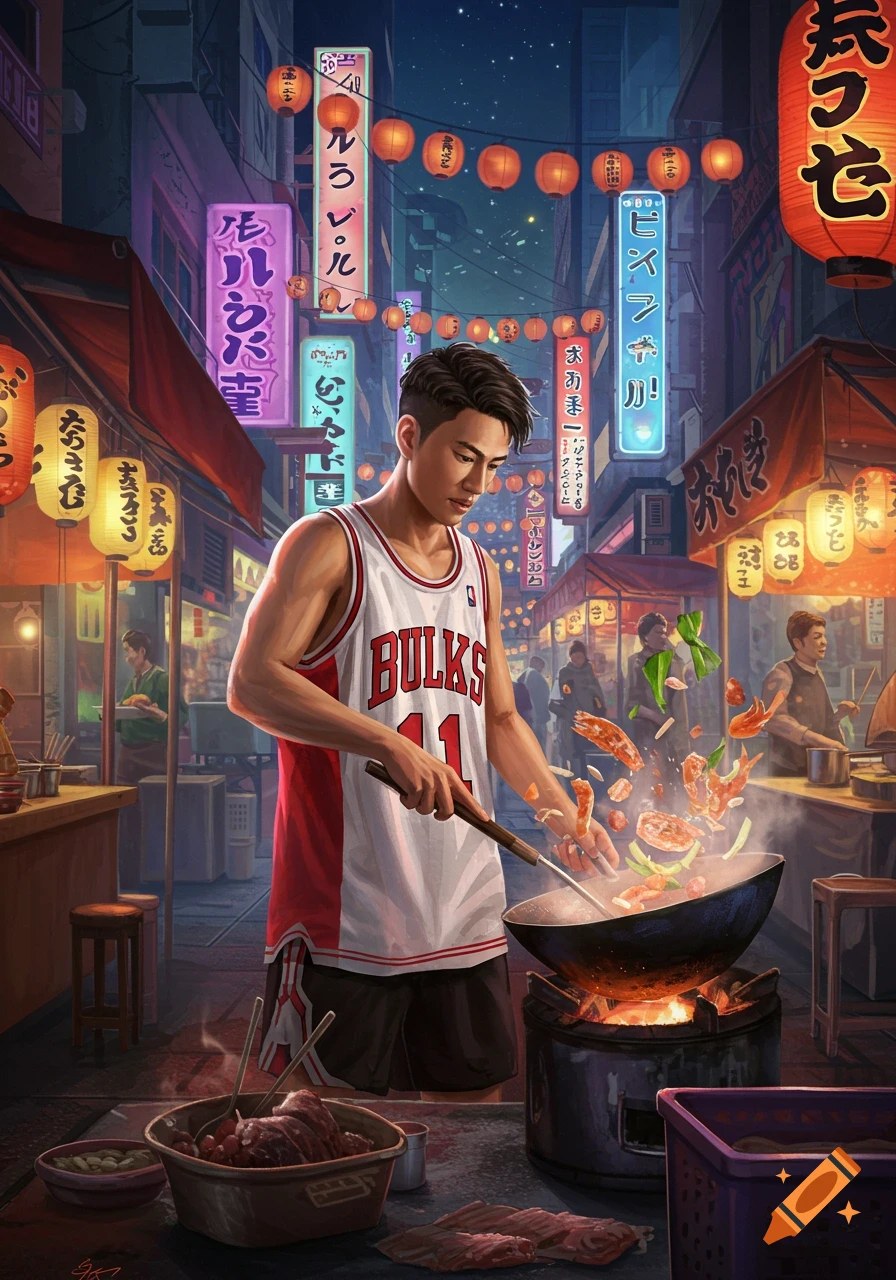 An Asian man in a red and white basketball jersey stir-fries food in a wok at a bustling night street market with neon signs and lanterns.