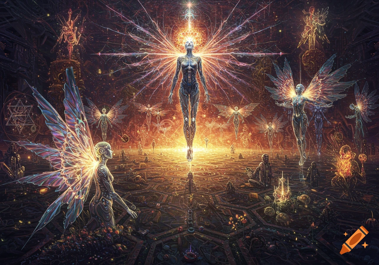 Ethereal beings made of light with glowing wings stand and float amidst intricate geometric patterns in a surreal, spiritual landscape.