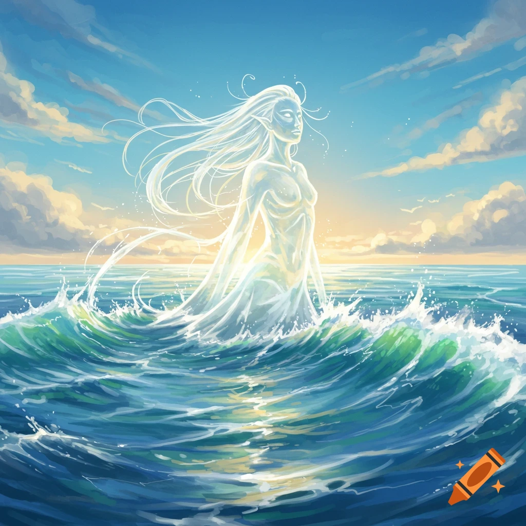 Ethereal female figure of light emerging from the ocean waves under a vibrant sky.