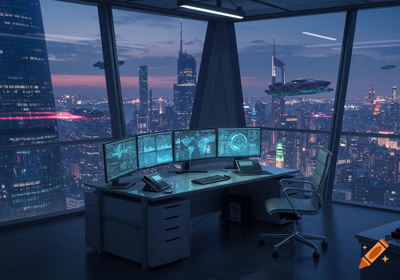 A futuristic office with multiple computer monitors overlooking a sprawling cityscape with flying vehicles at dusk.
