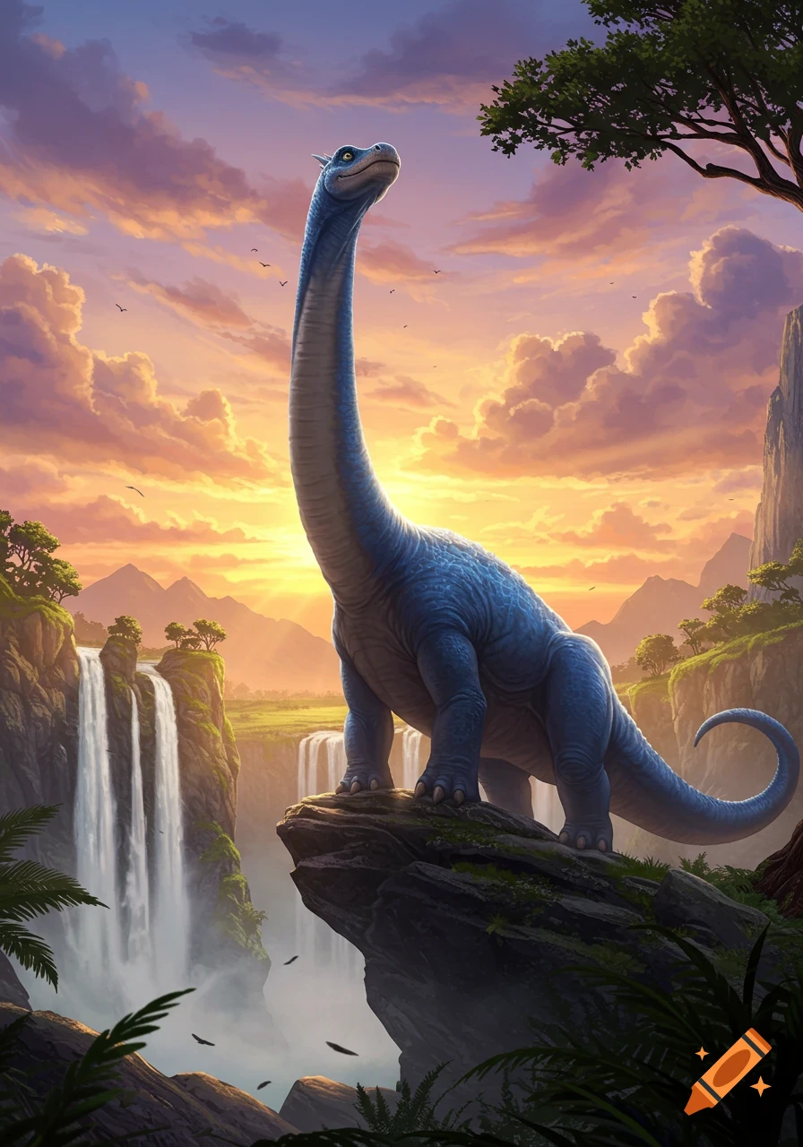 A large blue long-necked dinosaur stands on a rocky cliff overlooking waterfalls at sunset, with a vibrant sky.