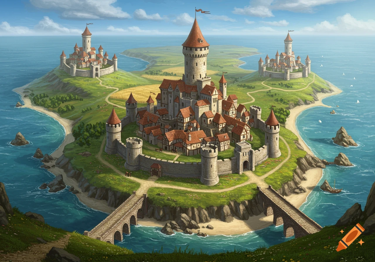 An illustrated aerial view of a large medieval fortified town on an island, with two smaller fortified towns on nearby islands, surrounded by blue sea.