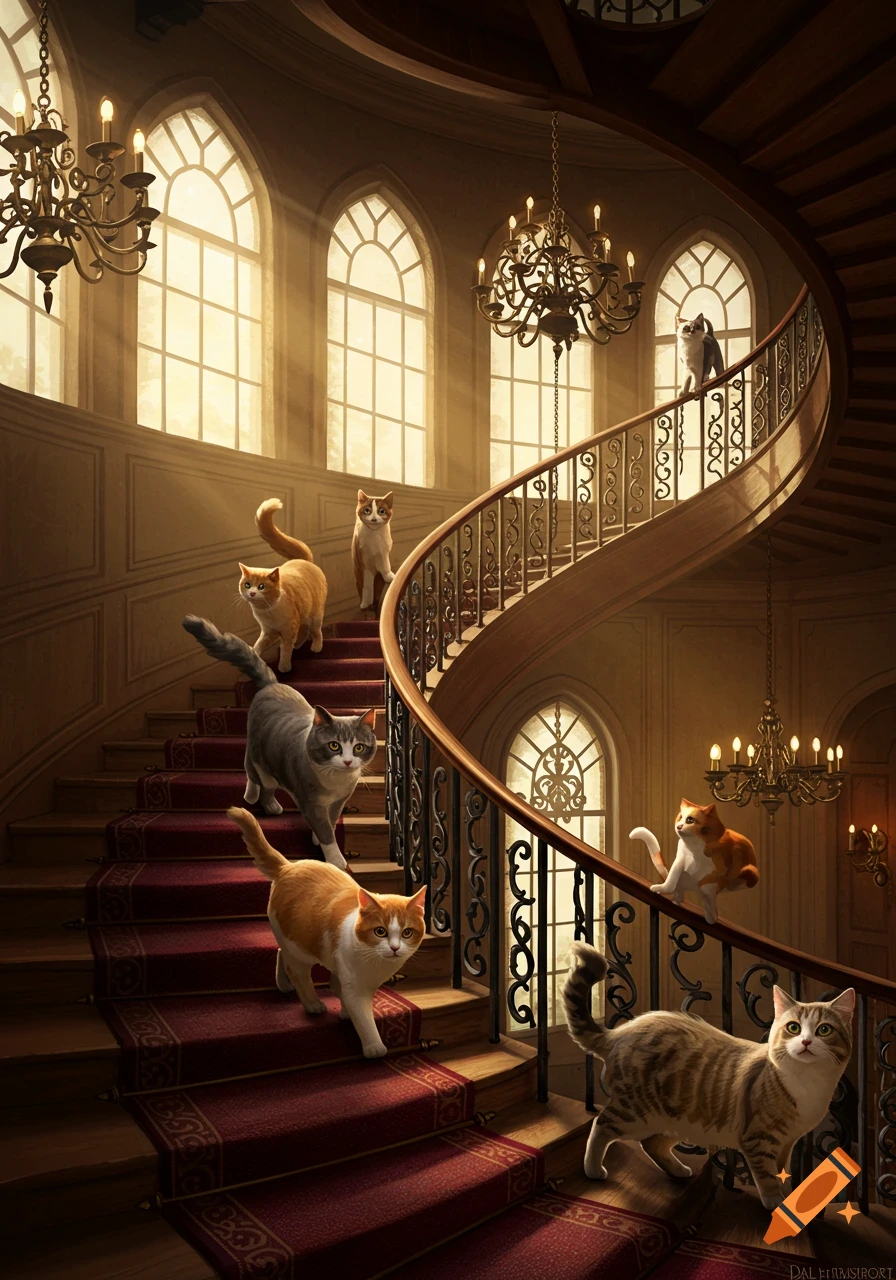 Seven cats walk on a grand red-carpeted spiral staircase in a sunlit mansion with large arched windows and chandeliers, in an illustrative style.