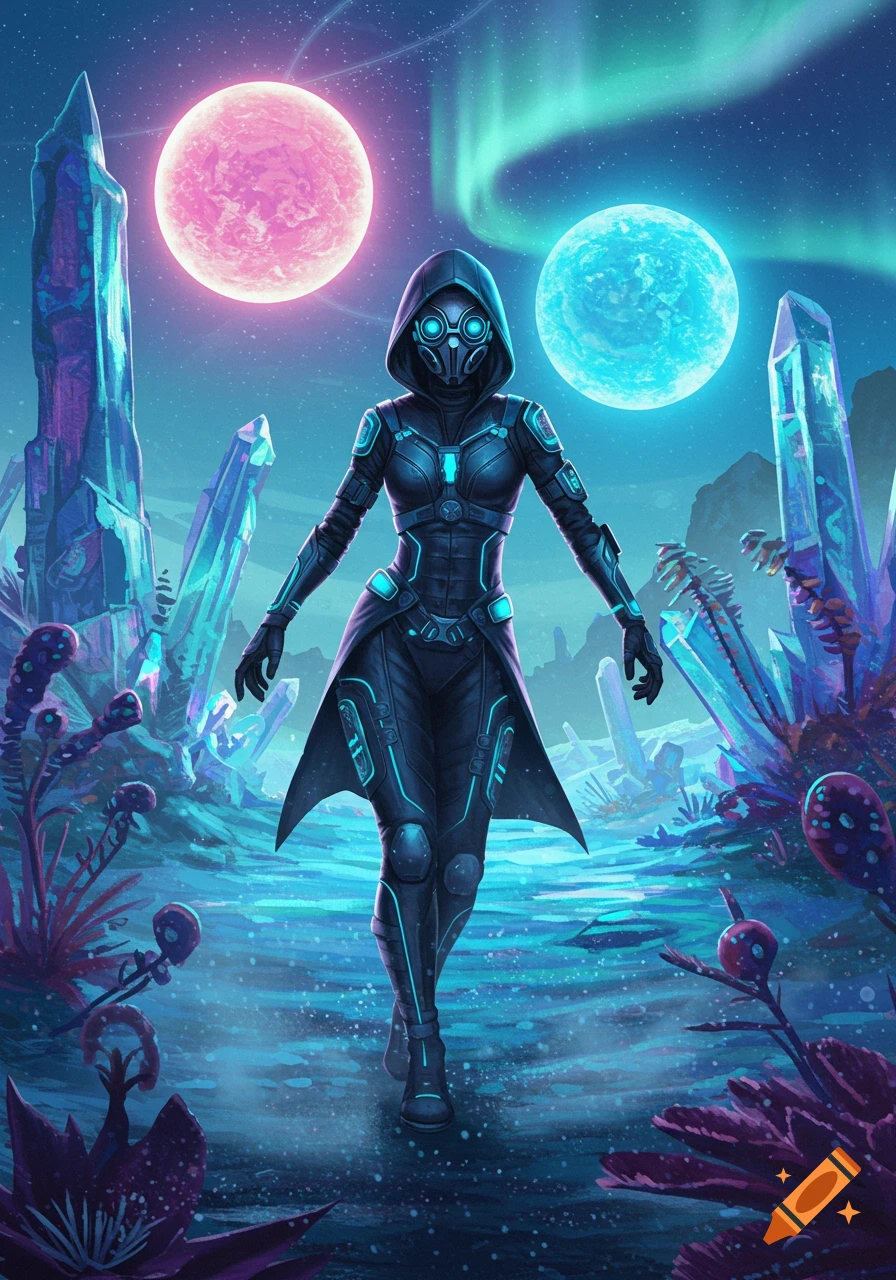 A masked sci-fi adventurer in a dark suit with glowing blue accents walks on an alien planet with large crystals, two moons, and an aurora.