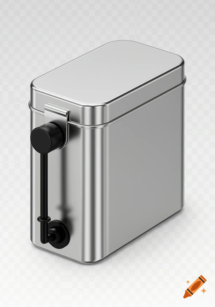 A photorealistic rendering of a rectangular silver tobacco tin with a black vacuum pump stick and a grommet, on a transparent background.