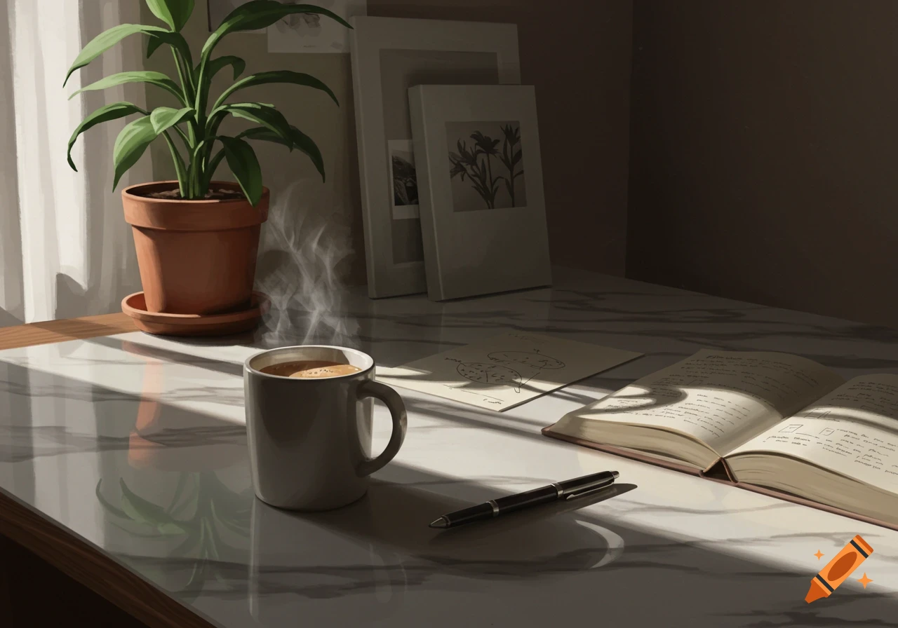 A steaming cup of coffee and an open book on a sunlit marble desk next to a potted plant, in a painterly style.