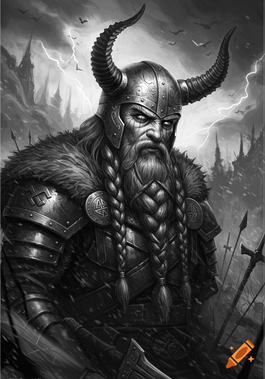 Black and white portrait of a fierce, bearded Viking warrior in a horned helmet and fur armor, with lightning in the stormy sky.