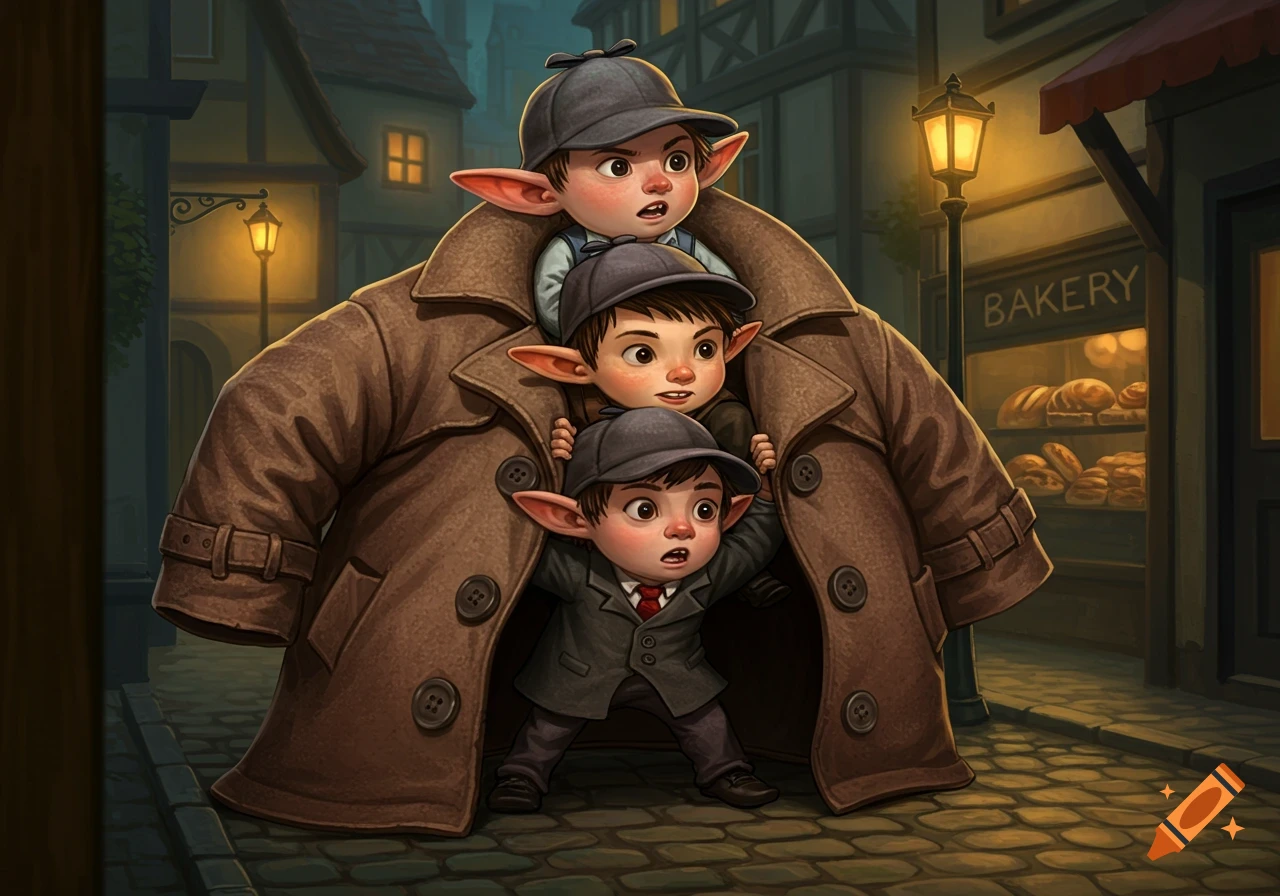 A detailed cartoon illustration of three small, elf-eared children stacked inside a large brown trench coat on a dark city street.