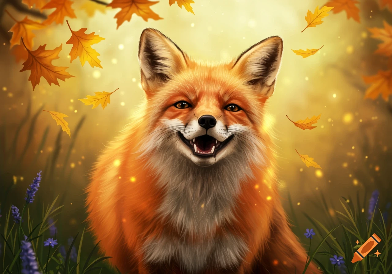 A smiling red fox in an autumn forest with falling golden leaves and glowing bokeh lights.