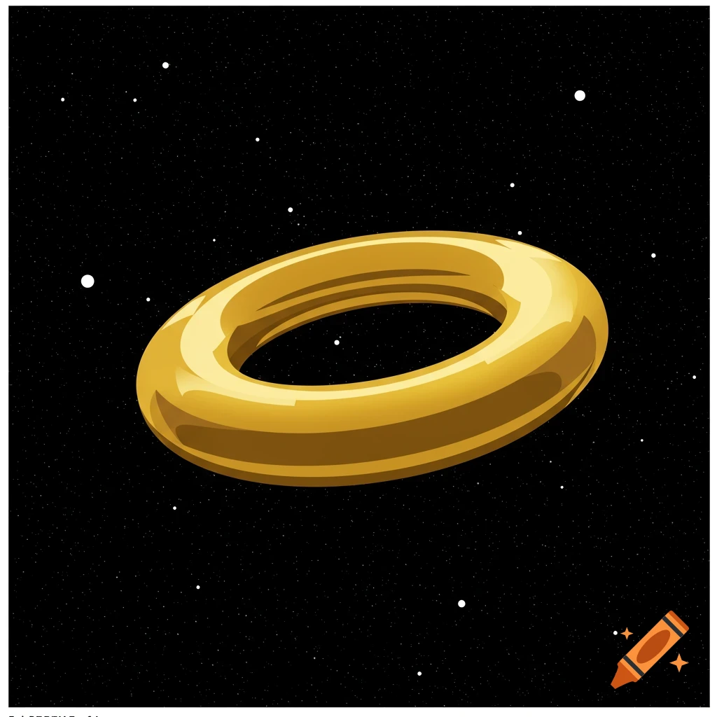 A shiny golden torus floating in dark space with small white stars.