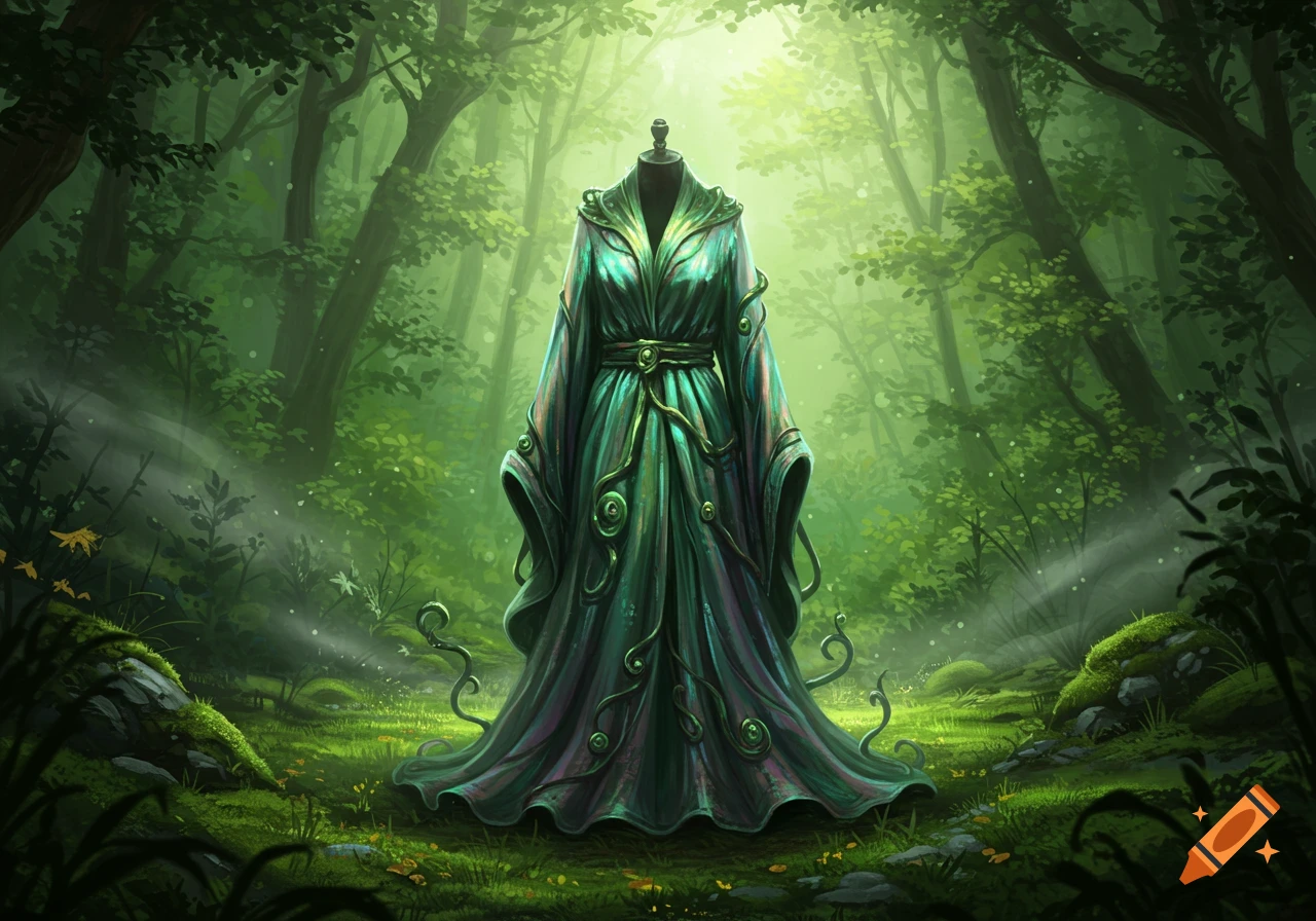 A flowing, ornate green magical robe on a mannequin stands in a vibrant, misty forest with light rays filtering through the trees.