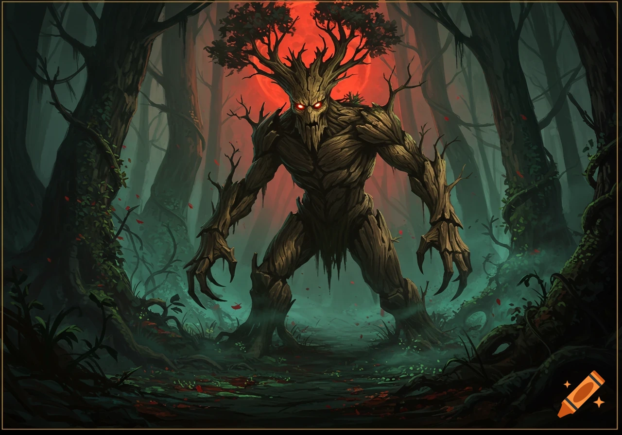 A menacing tree monster with glowing red eyes stands in a dark, misty fantasy forest under a red sky.