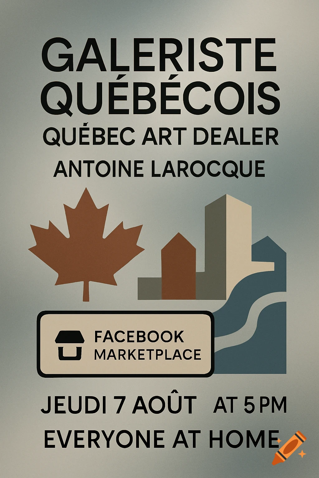 A minimalist poster for a "GALERISTE QUÉBÉCOIS" exhibition featuring a brown maple leaf, stylized buildings, and a blue river, with event details.
