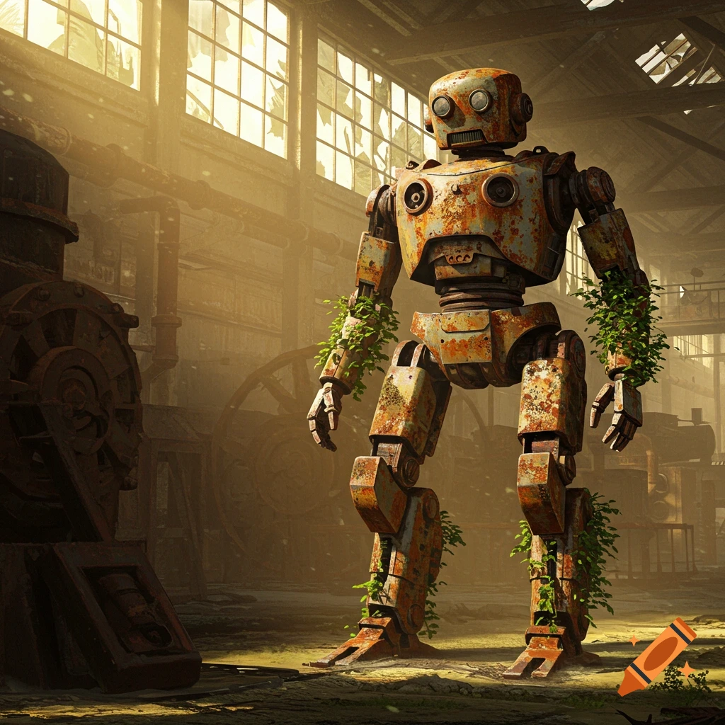A large, rusted robot covered in green vines stands in a sunlit, abandoned factory.